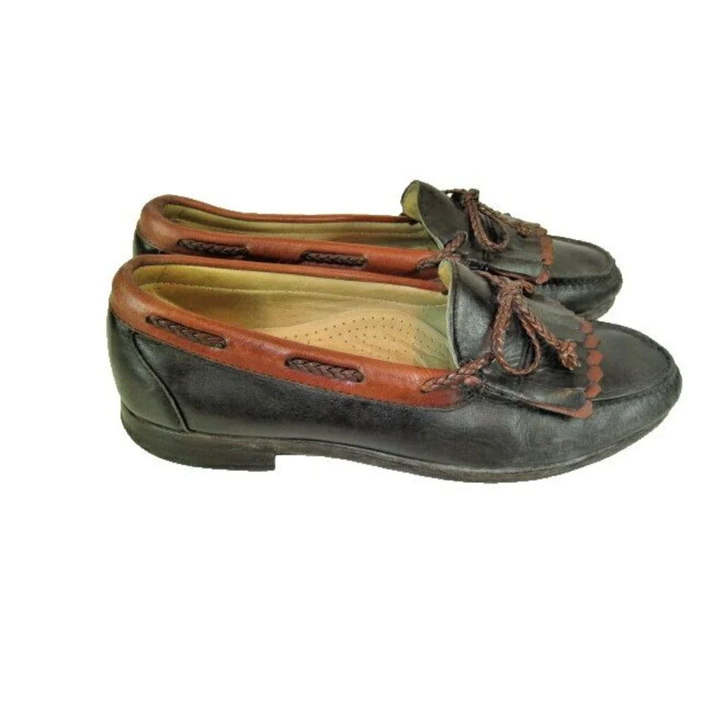 Mens Woodstock 2 Tone Black/Tan Leather Tassel Kilt Casual Loafers sz 10D